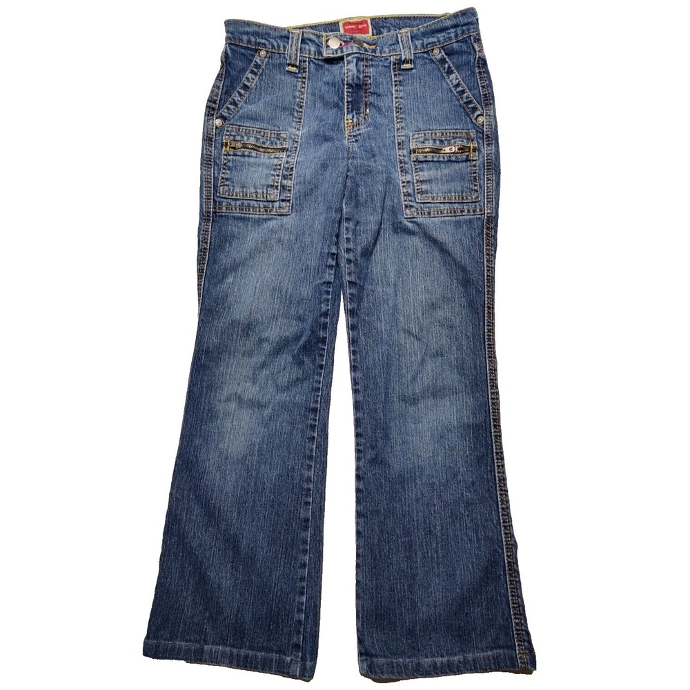 VTG Y2K TOMMY JEANS RED LABEL Women Juniors Size 7 Crop Stretch Denim Blue Jeans